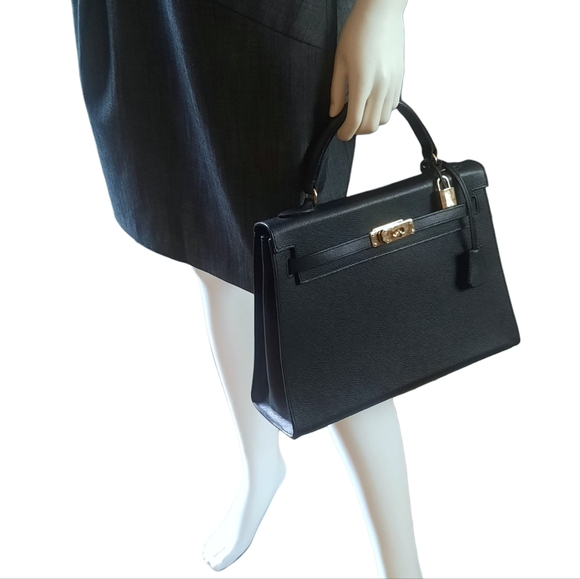 Vtg Black Epsom Leather Kelly Bag w/Clochette Lock Key & Strap GHW 32cm Italy - Picture 3 of 15